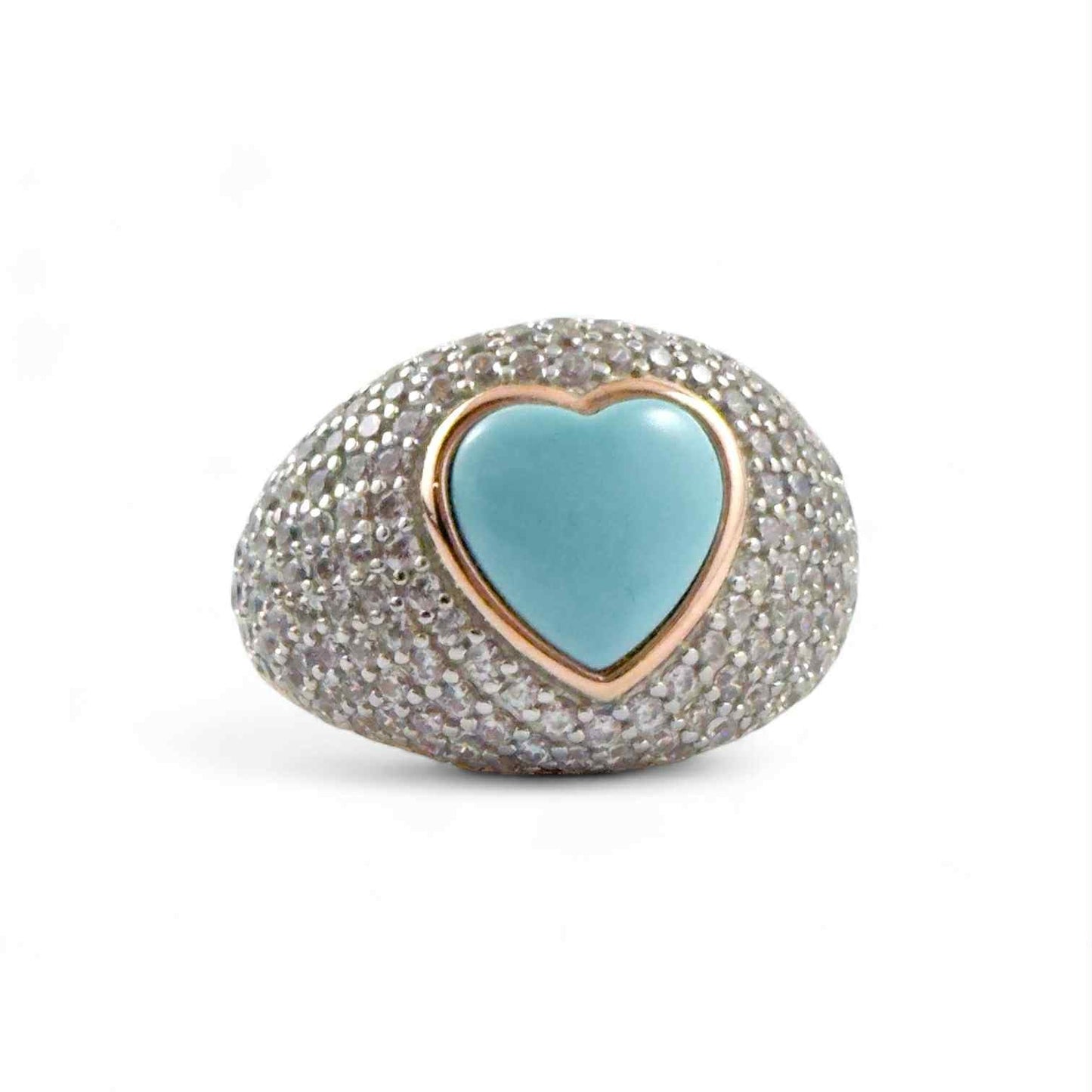 Anello donna in argento rosa con zirconi e cuore di turchese - Simmi Gioiellerie - Anelli