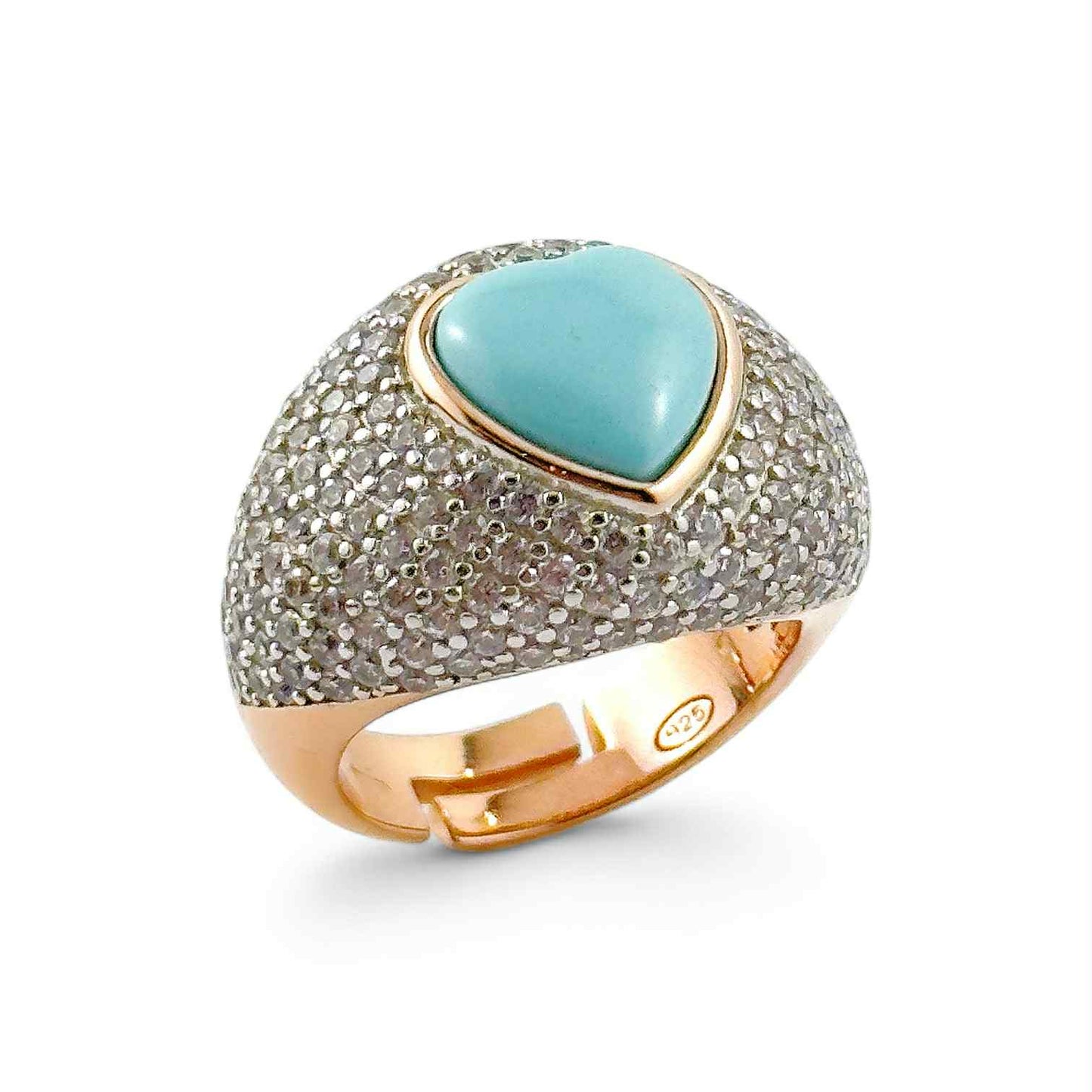 Anello donna in argento rosa con zirconi e cuore di turchese - Simmi Gioiellerie - Anelli
