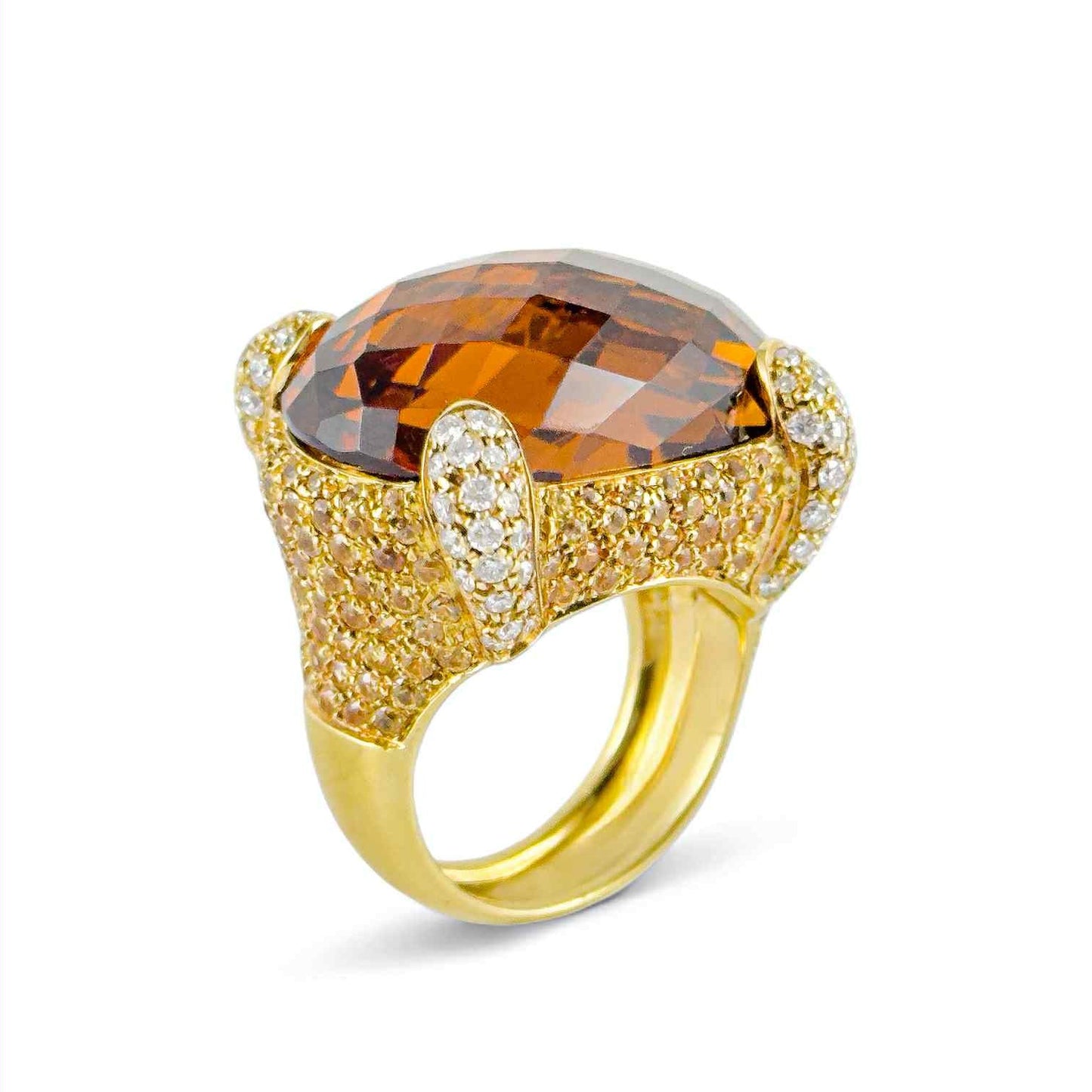 Anello donna in oro giallo con diamanti e grande quarzo citrino - Simmi Gioiellerie - Anelli