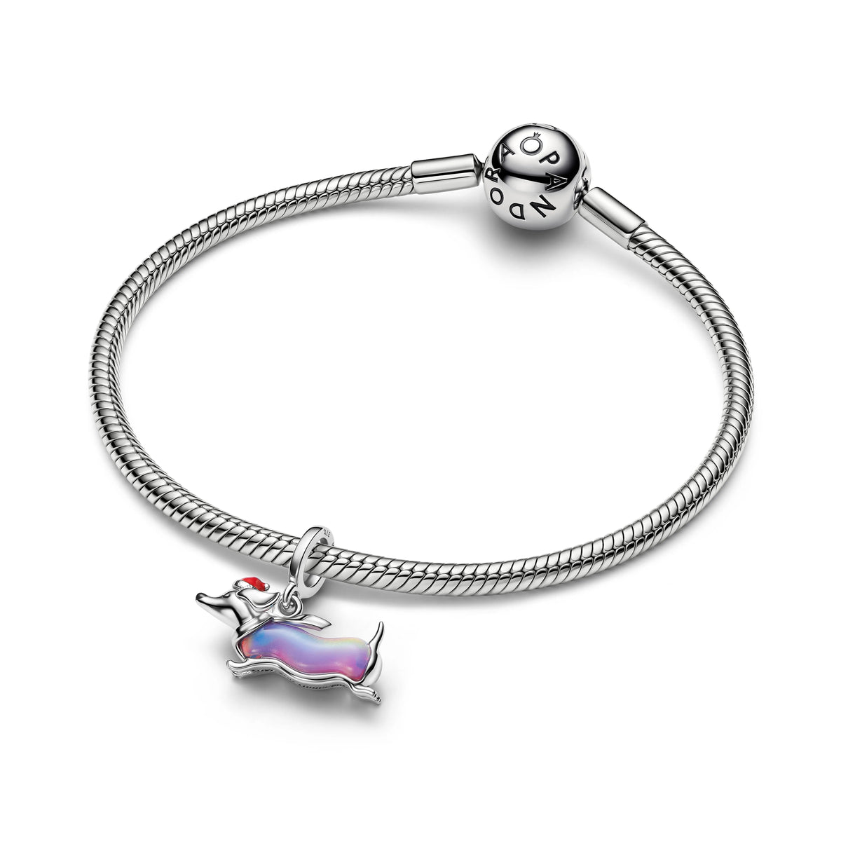 Christmas dachshund placcato platino pendente con viola lab-created opal, rosso e smalto nero - 734970C01 - Simmi Gioiellerie -Charm