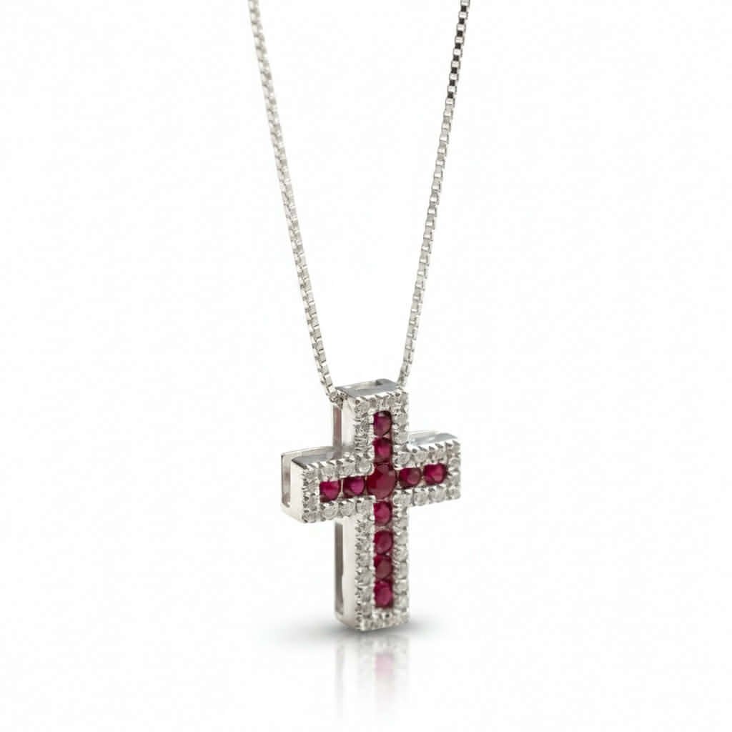 Collana Girocollo con Croce in Oro Bianco 18 Carati con Rubini e Diamanti - Davite e Delucchi Gioielli - Simmi Gioiellerie - Collane