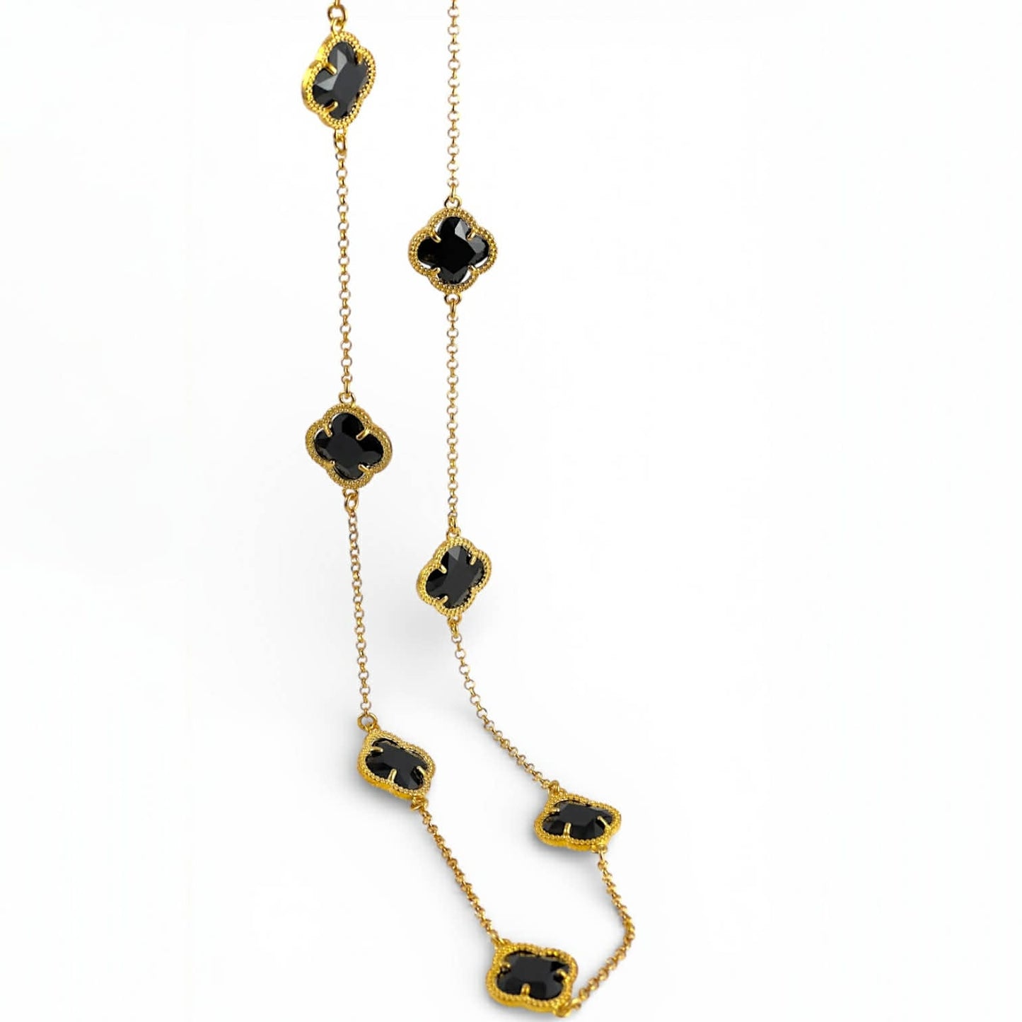 Collana Lunga in Argento Dorato con Fiori a Quattro Petali in Resina Nera - Simmi925 - Simmi Gioiellerie - Collane