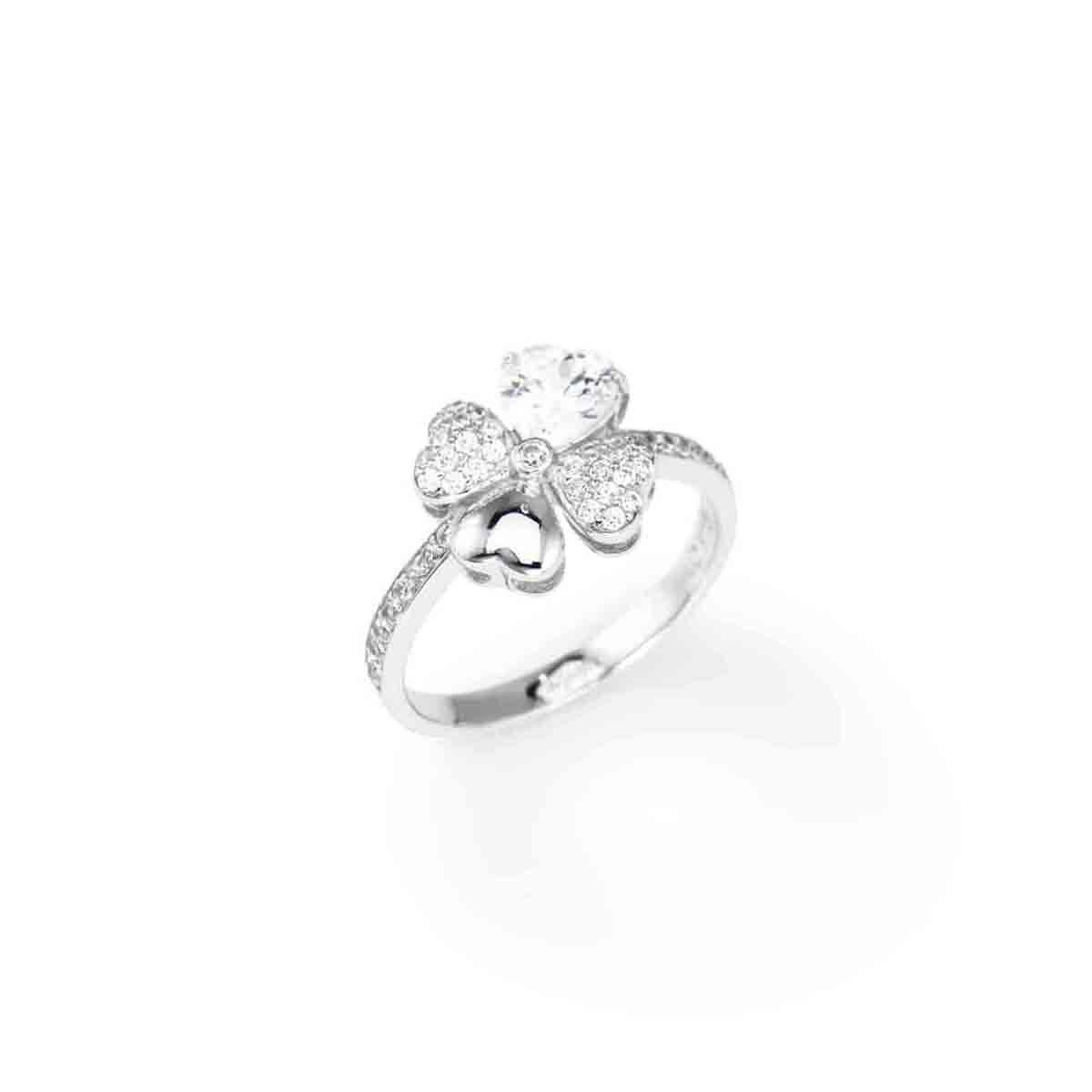 Anello Quadricuore Rodio e Zirconi Bianchi - RQUBB - Simmi gioiellerie -Anello