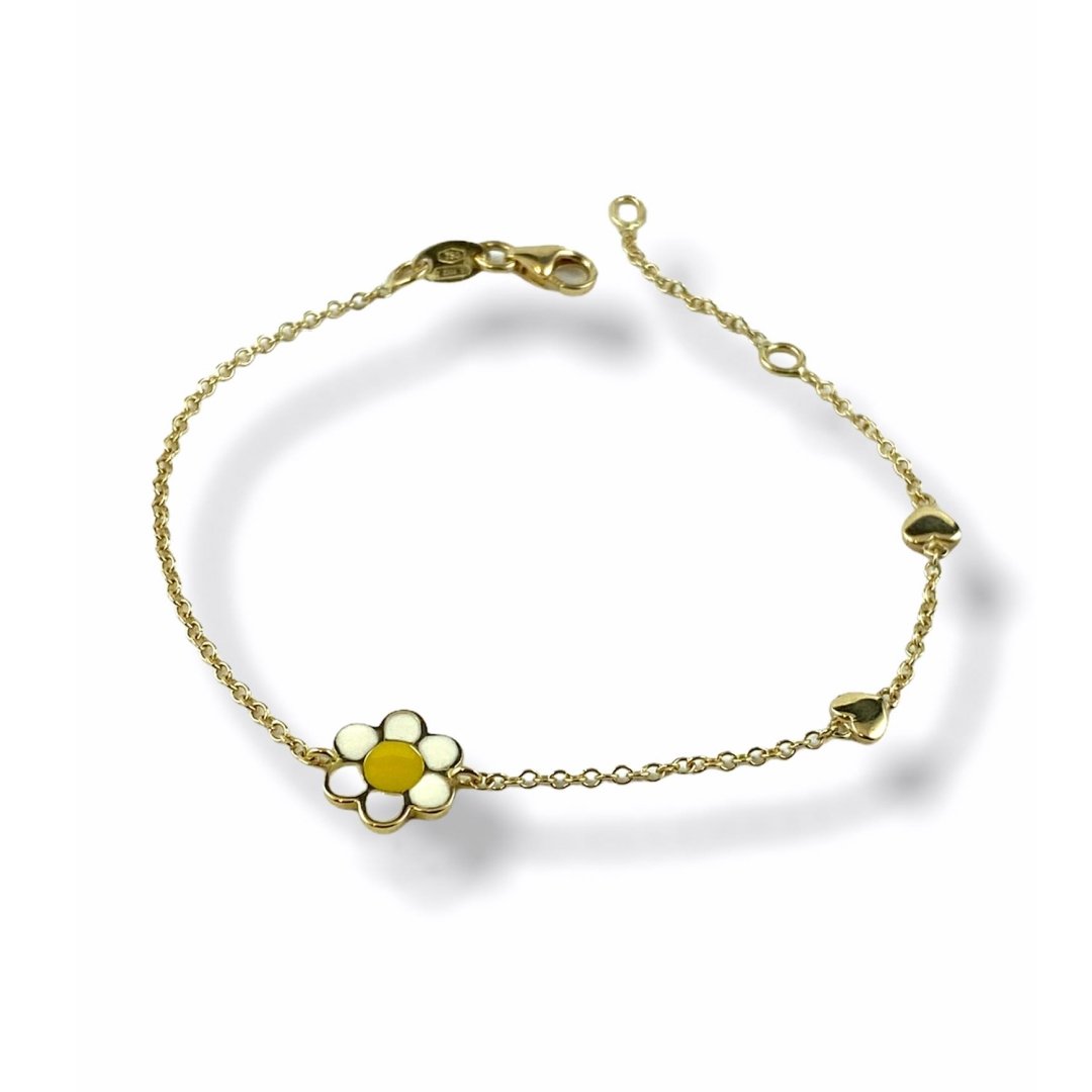 Bracciale in oro giallo, fantasia con due cuori e margherita colorata - Simmi Gioielli - Simmi Gioiellerie -Bracciale
