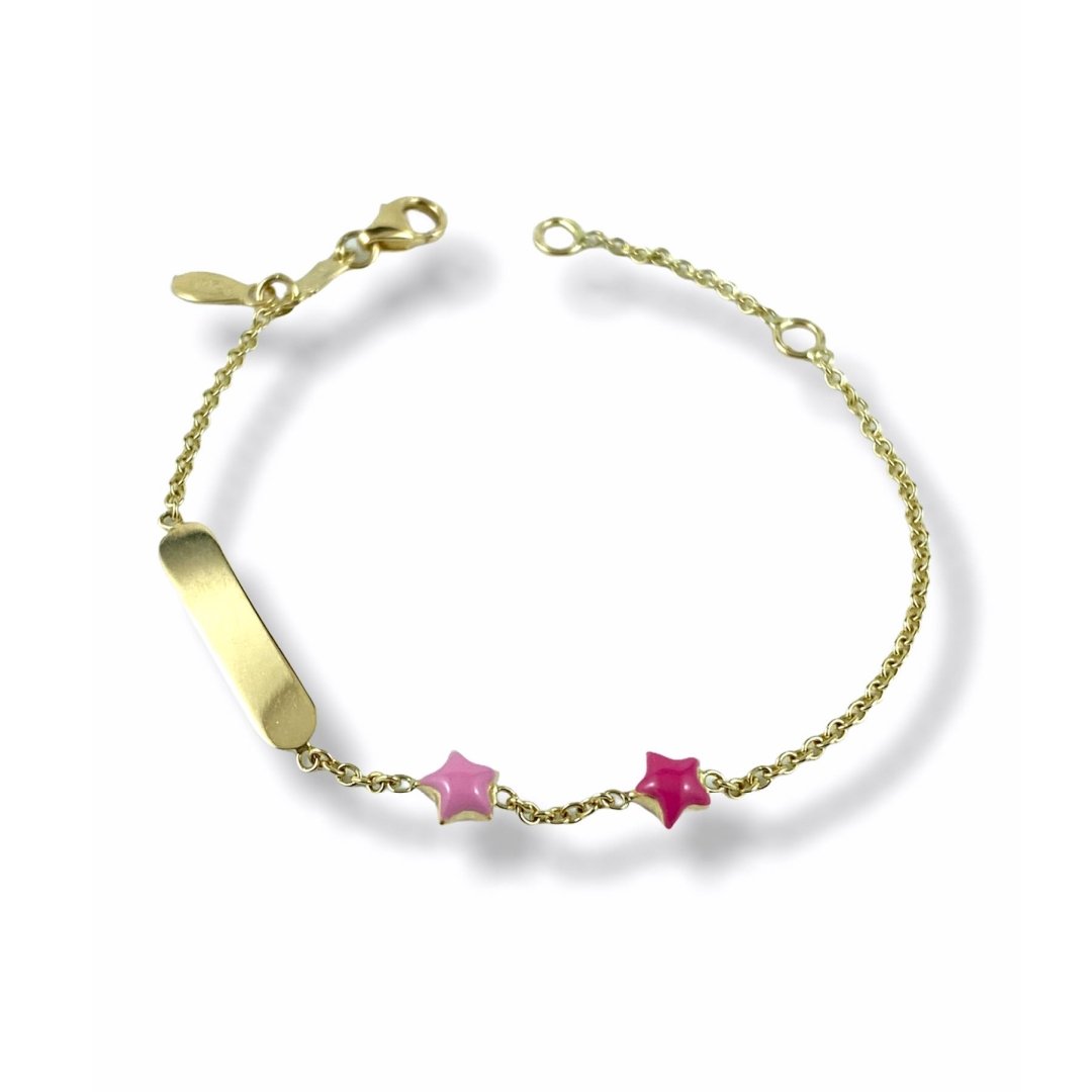 Bracciale in oro giallo, fantasia con stelline colorate e placchetta per incisione nome - Simmi Gioielli - Simmi Gioiellerie -Bracciale