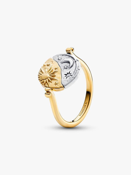 Anello girevole Sole e Luna in argento sterling e placcato oro 14k con zirconia cubica trasparente - 164810C01