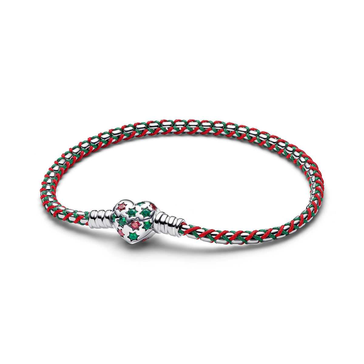 Braided argento sterling box chain bracciale with rosso zirconia cubica, royal verde cristallo, rosso and verde cord - 595068C01