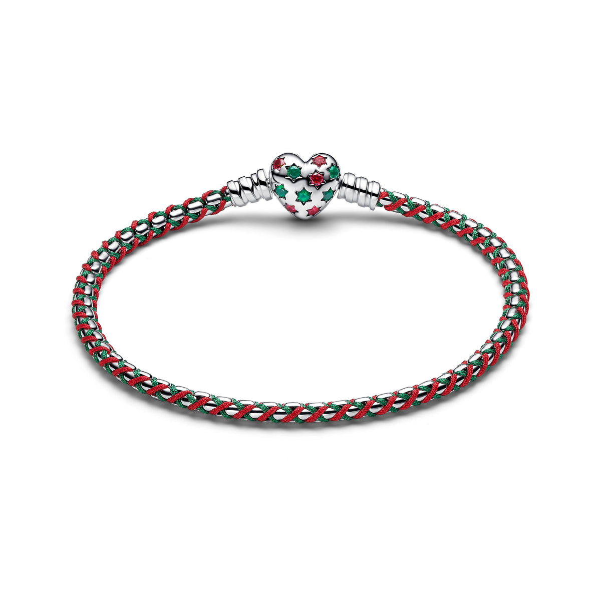 Braided argento sterling box chain bracciale with rosso zirconia cubica, royal verde cristallo, rosso and verde cord - 595068C01