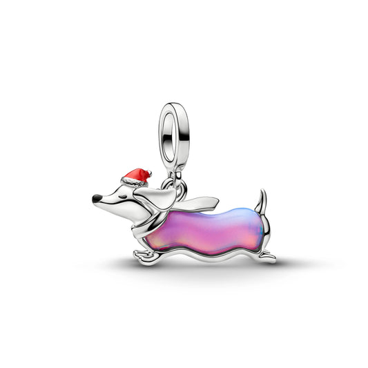 Christmas dachshund placcato platino pendente with viola lab-created opal, rosso and smalto nero - 734970C01