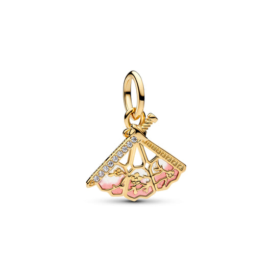 Disney Mulan fan placcato oro 14k pendente with zirconia cubica trasparente and smalto rosa - 764954C01