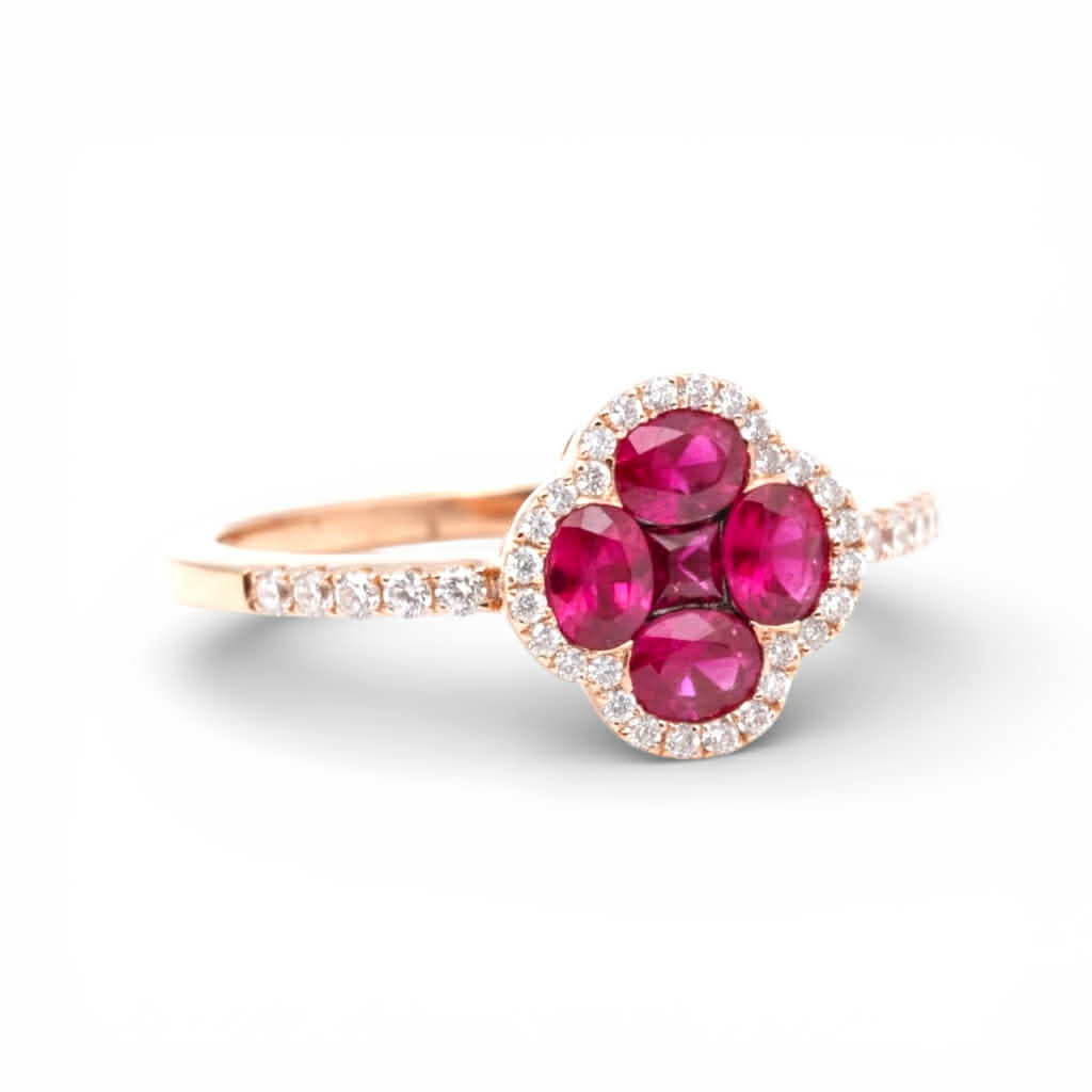 Anello Fiore in Oro Rosa con Rubini e Diamanti – Simmi Gioielli