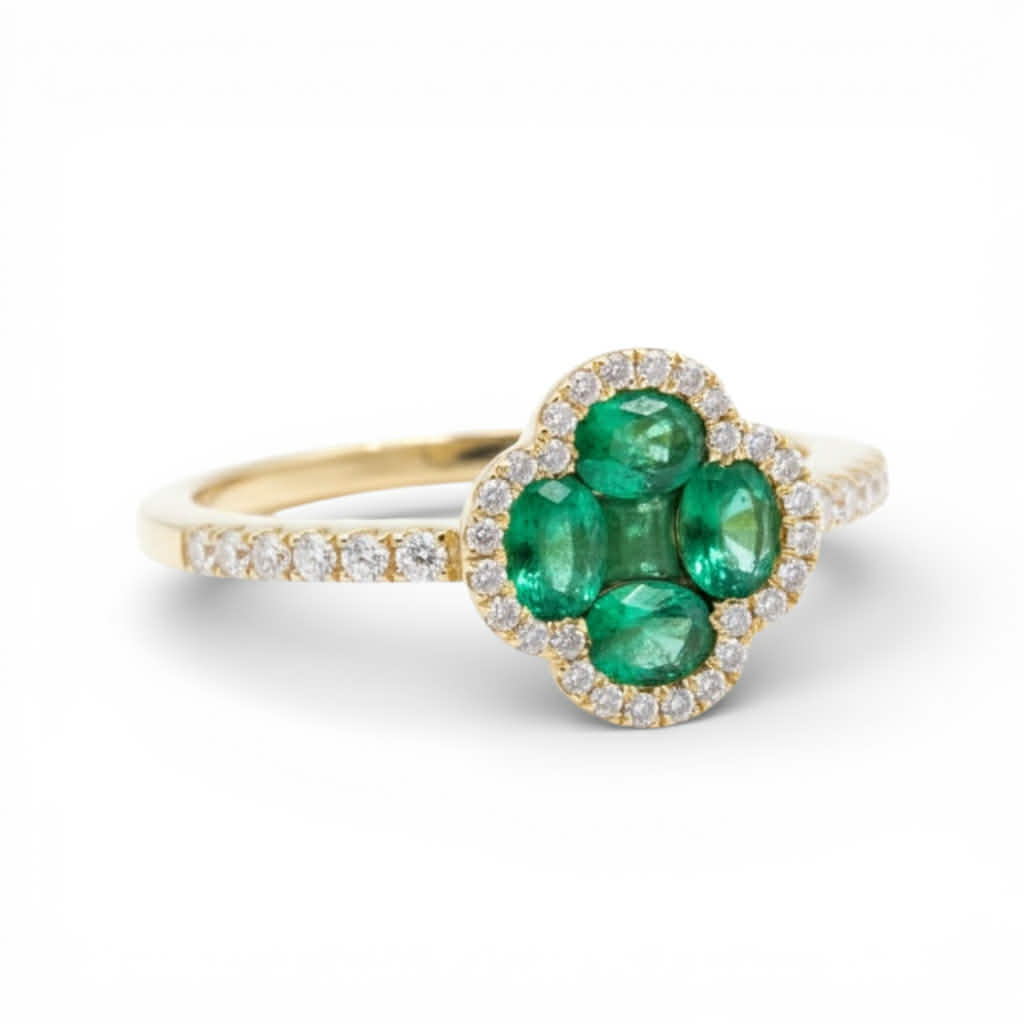 Anello Fiore in Oro Giallo con Smeraldi e Diamanti – Simmi Gioielli