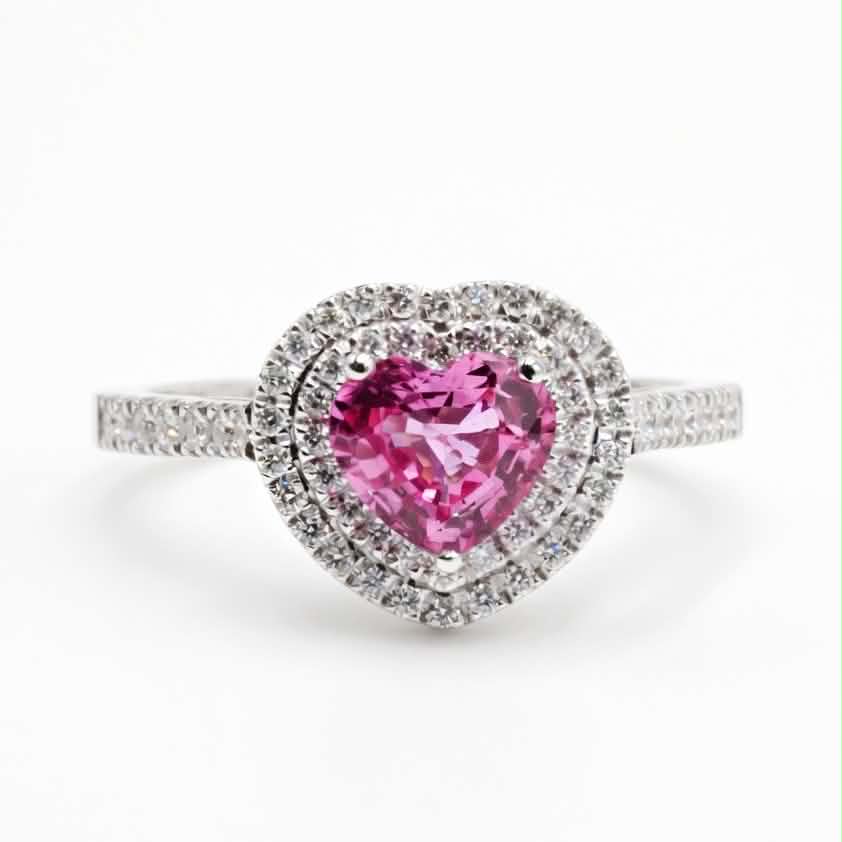 Anello in Oro Bianco 18kt con Zaffiro Rosa a Cuore e Doppia Corona di Diamanti – Simmi Gioielli