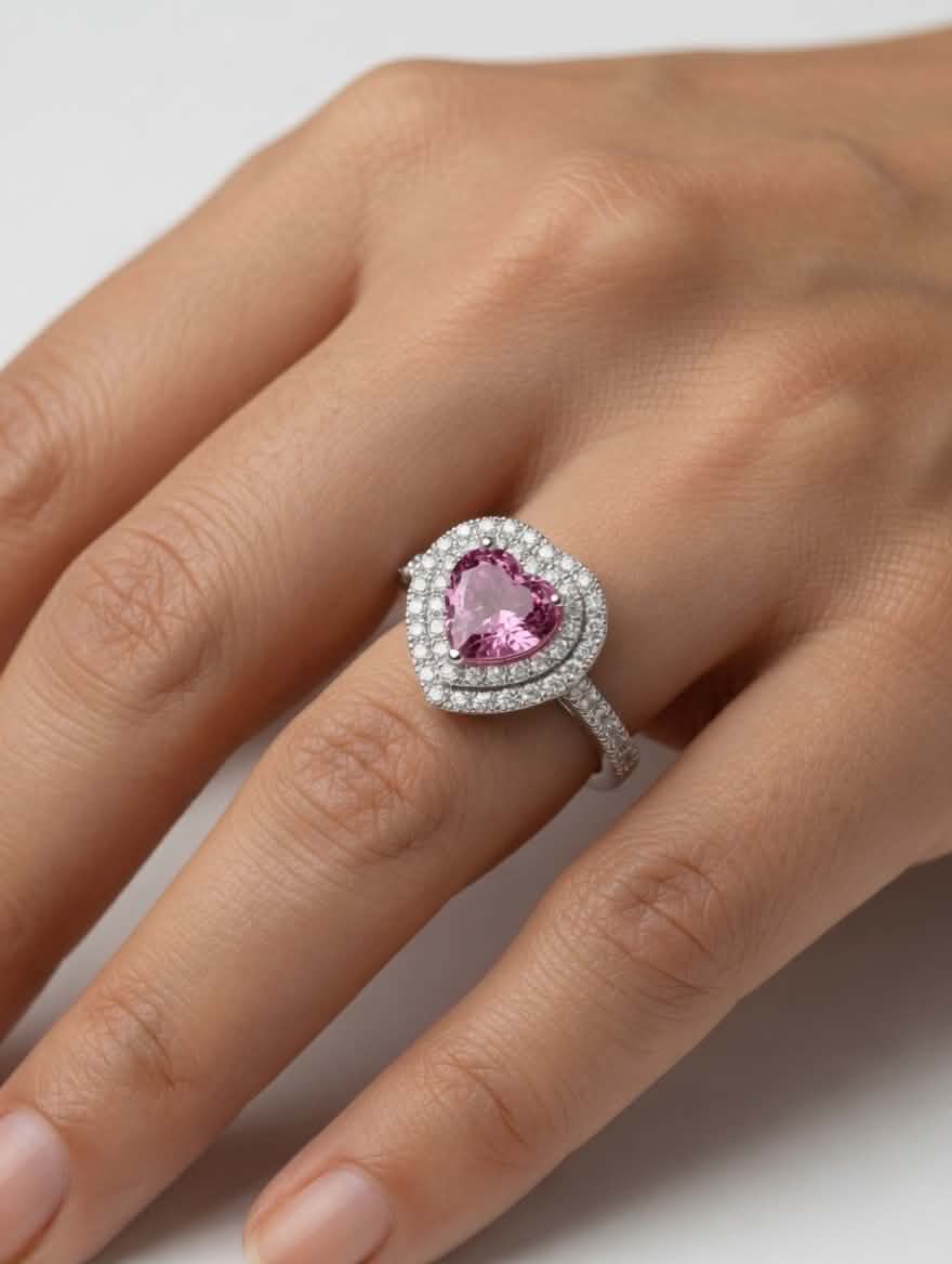 Anello in Oro Bianco 18kt con Zaffiro Rosa a Cuore e Doppia Corona di Diamanti – Simmi Gioielli