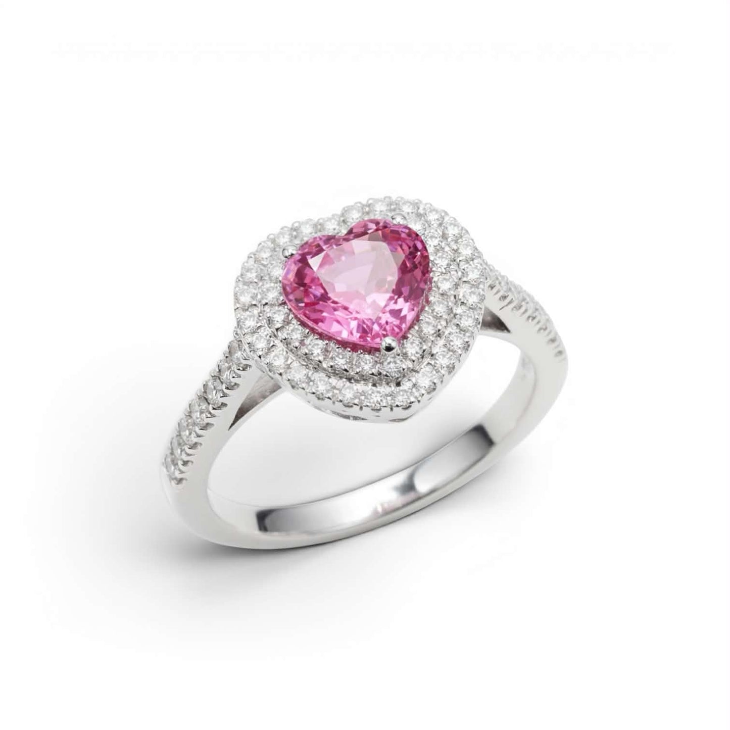 Anello in Oro Bianco 18kt con Zaffiro Rosa a Cuore e Doppia Corona di Diamanti – Simmi Gioielli