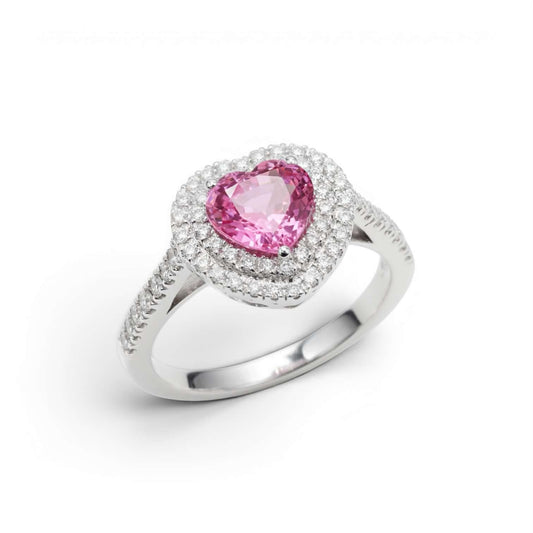 Anello in Oro Bianco 18kt con Zaffiro Rosa a Cuore e Doppia Corona di Diamanti – Simmi Gioielli