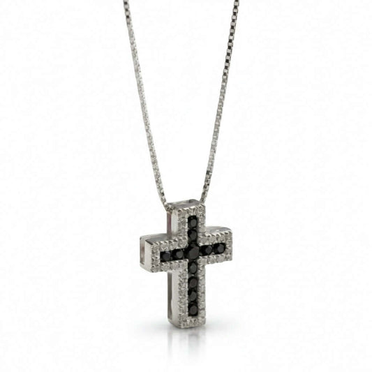 Collana Girocollo con Croce in Oro Bianco 18 Carati con Diamanti Neri e Diamanti Bianchi - Davite De Lucci Gioielli