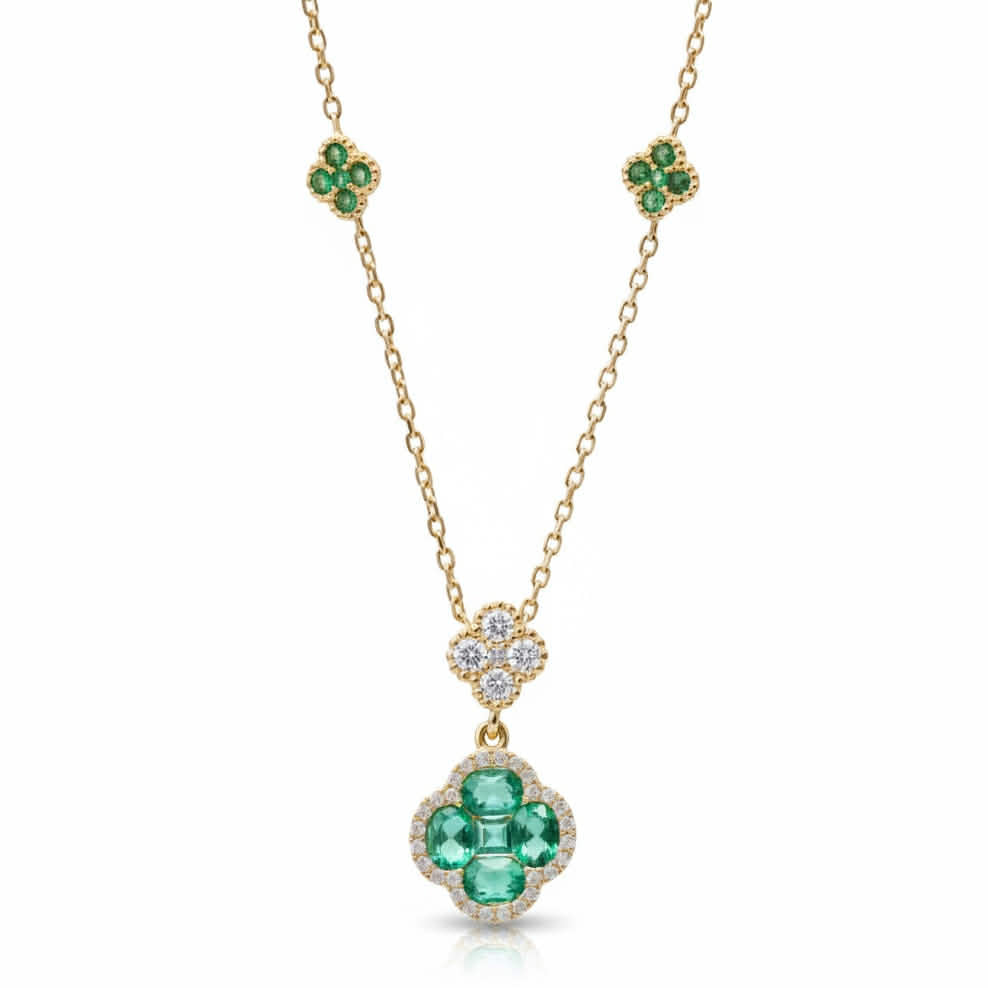 Collana in Oro Giallo con Fiori di Zaffiri Verdi e Diamanti – Simmi Gioielli