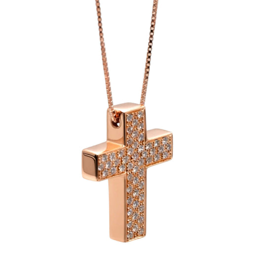 Girocollo con Croce in Oro Rosa 18 kt e Diamanti - Simmi Gioielli