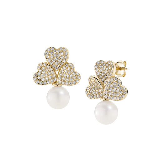Orecchini Tris di Cuori Pavé e Perla Dorati - ORFIPEGBZ