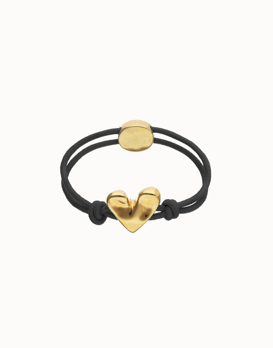 Bracciale Uno de 50 in filo elastico nero con cuore placcato oro 18k - PUL2641NGRORO0