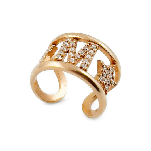 Anello donna a fascia in argento rosa con stelle e iniziale in zirconi - Simmi Gioiellerie - Anelli