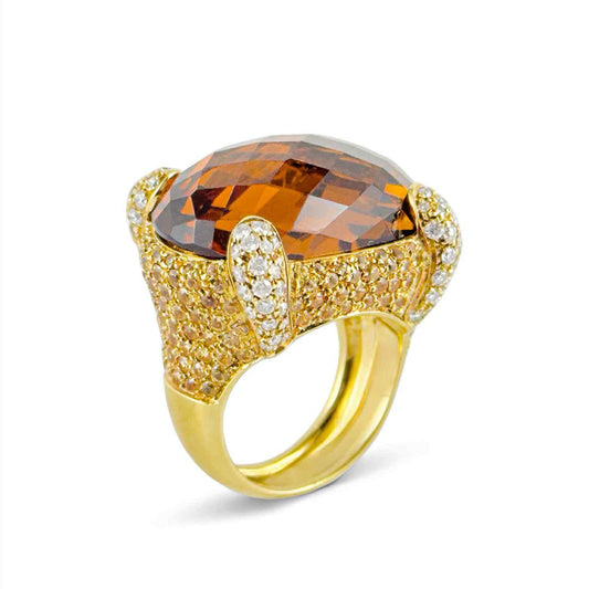 Anello donna in oro giallo con diamanti e grande quarzo citrino - Simmi Gioiellerie - Anelli