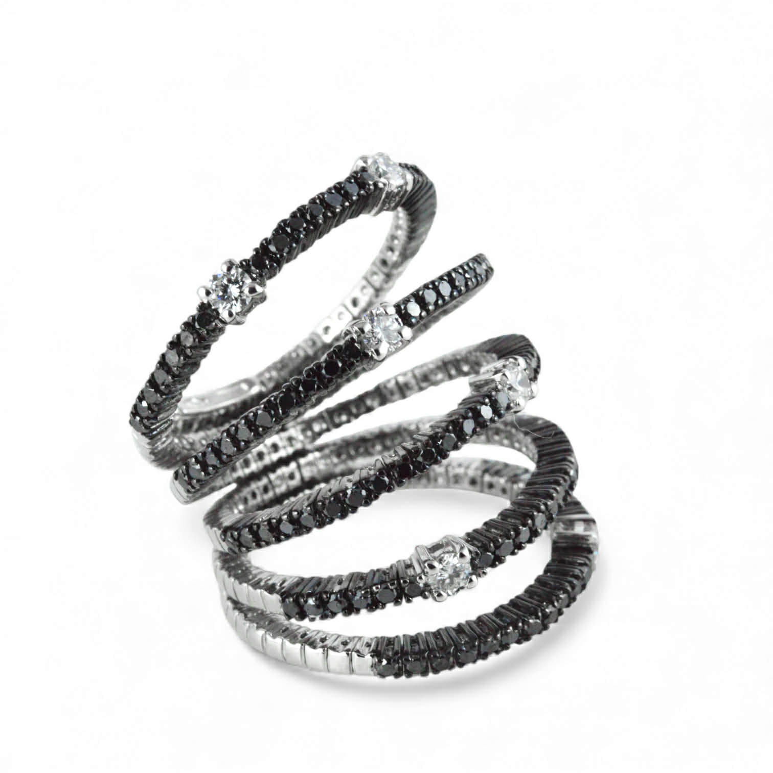 Anello Spirale in Oro Bianco 18 kt con Brillanti e Diamanti Neri – Simmi Gioielli - Simmi Gioiellerie - Anelli