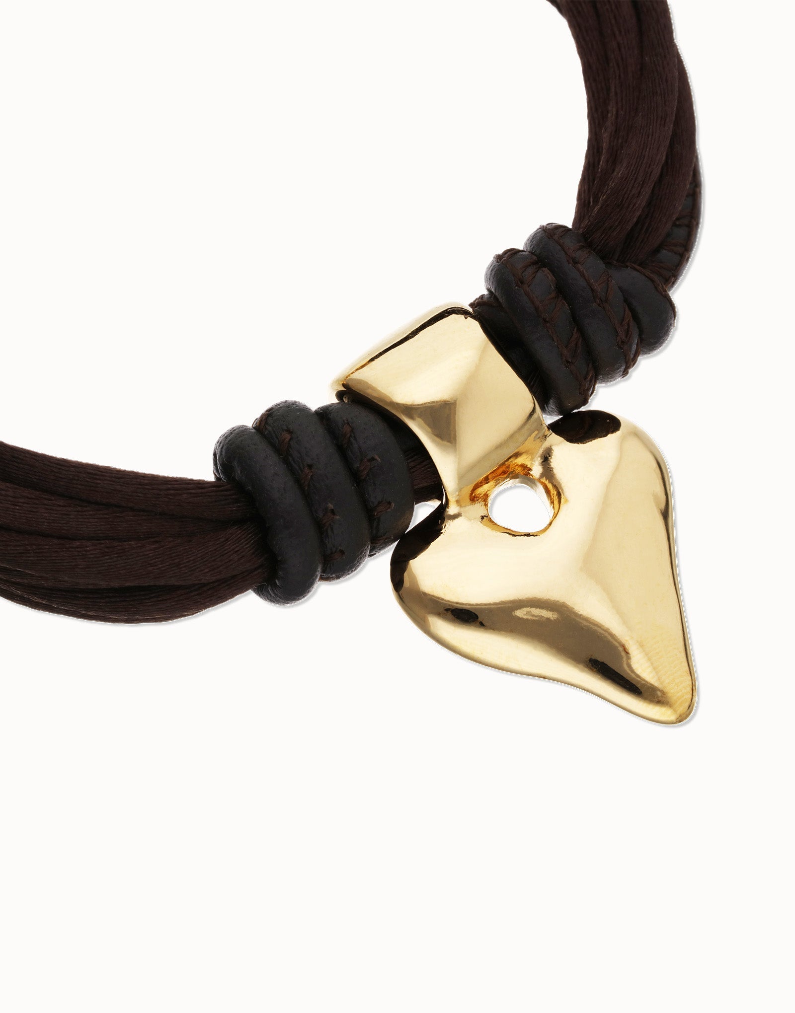 Bracciale uno de 50 in filo di seta e pelle marrone con cuore placcato oro 18k - PUL2640 - Simmi Gioiellerie - Bracciali