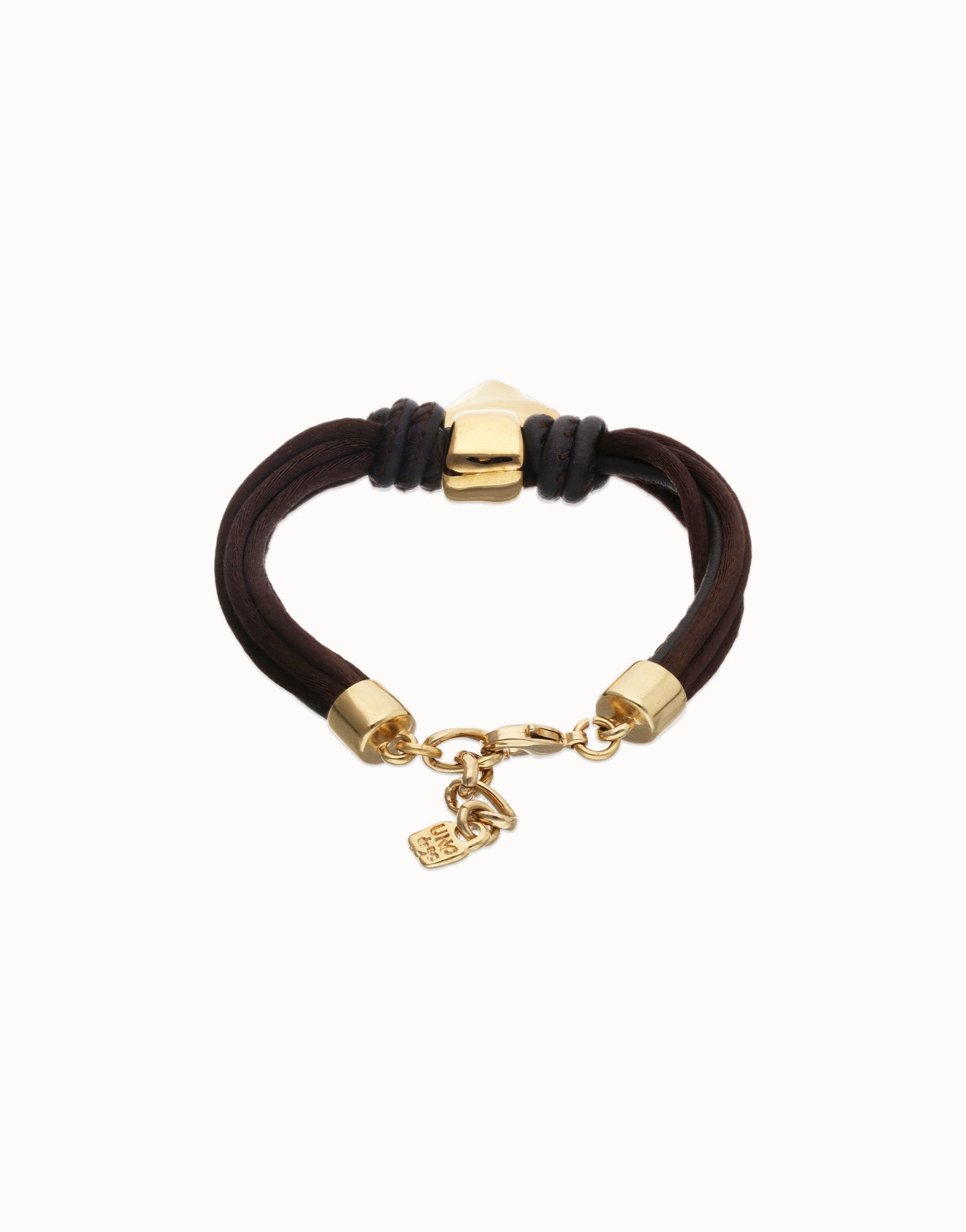 Bracciale uno de 50 in filo di seta e pelle marrone con cuore placcato oro 18k - PUL2640 - Simmi Gioiellerie - Bracciali
