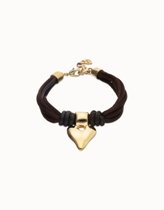 Bracciale uno de 50 in filo di seta e pelle marrone con cuore placcato oro 18k - PUL2640 - Simmi Gioiellerie - Bracciali
