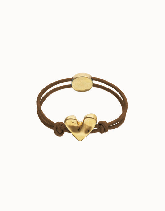 Bracciale Uno de 50 in filo elastico marrone con cuore placcato oro 18k - PUL2641 - Simmi Gioiellerie - Bracciali