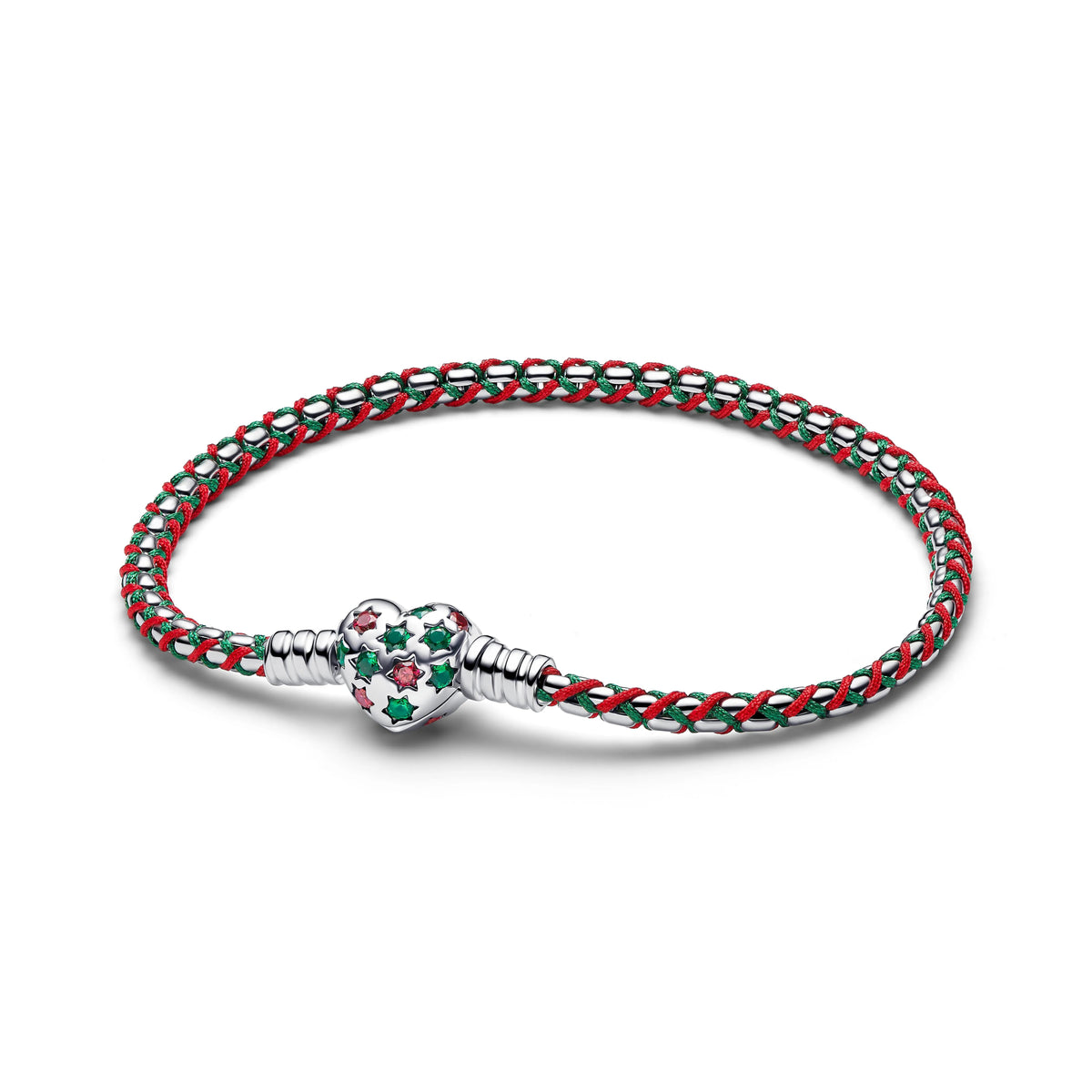 Braided argento sterling box chain bracciale con rosso zirconia cubica, royal verde cristallo, rosso e verde cord - 595068C01 - Simmi Gioiellerie -Bracciali
