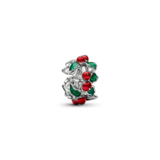 Christmas holly placcato platino charm con smalto rosso e verde - 734974C01 - Simmi Gioiellerie -Charm