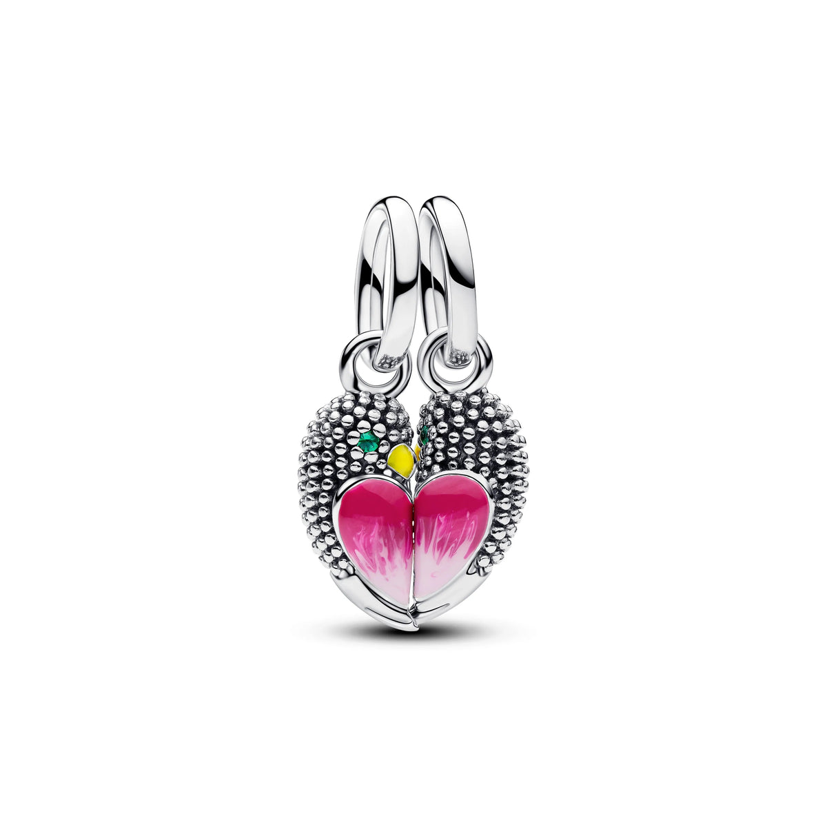 Ciondolo pendente divisibile Uccellini innamorati magnetici in argento sterling con cristallo verde intenso, giallo e smalto rosa sfumato - 794484C01 - Simmi Gioiellerie -Charm