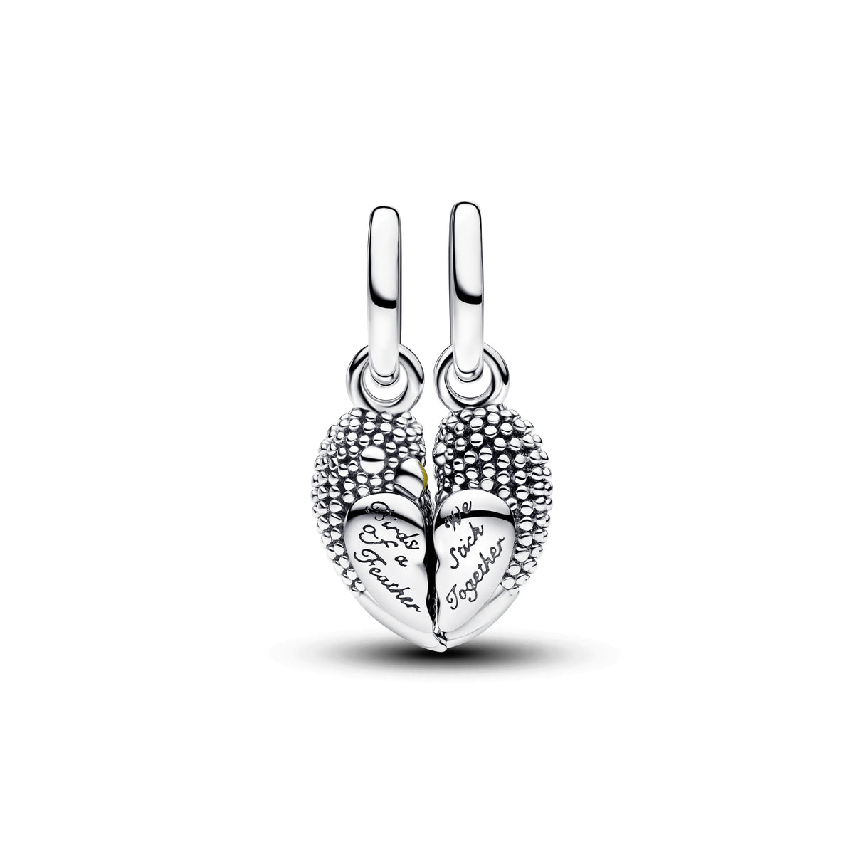 Ciondolo pendente divisibile Uccellini innamorati magnetici in argento sterling con cristallo verde intenso, giallo e smalto rosa sfumato - 794484C01 - Simmi Gioiellerie -Charm