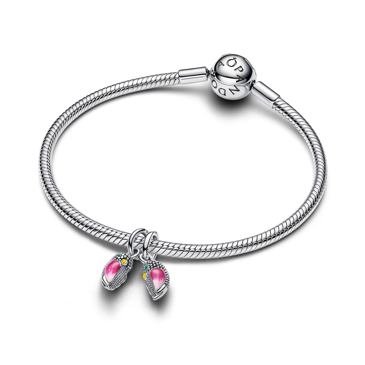 Ciondolo pendente divisibile Uccellini innamorati magnetici in argento sterling con cristallo verde intenso, giallo e smalto rosa sfumato - 794484C01 - Simmi Gioiellerie -Charm