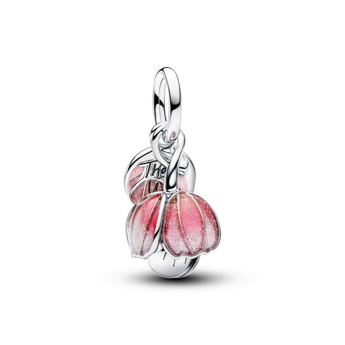 Ciondolo pendente Fiore apribile in argento sterling e placcato in oro 14k con cristallo verde intenso e resina UV rosa sfumata glitterata - 764453C01 - Simmi Gioiellerie -Charm
