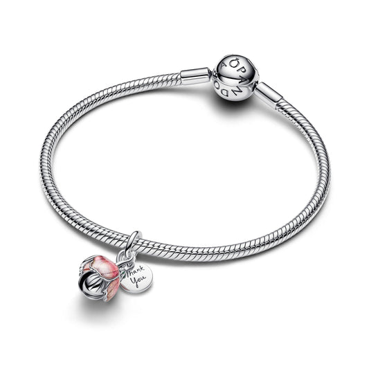 Ciondolo pendente Fiore apribile in argento sterling e placcato in oro 14k con cristallo verde intenso e resina UV rosa sfumata glitterata - 764453C01 - Simmi Gioiellerie -Charm
