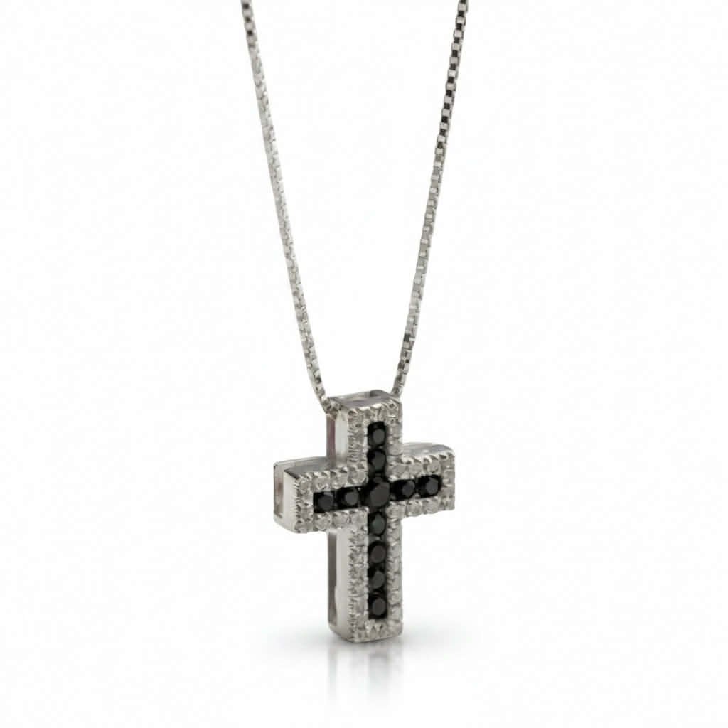 Collana Girocollo con Croce in Oro Bianco 18 Carati con Diamanti Neri e Diamanti Bianchi - Davite De Lucci Gioielli - Simmi Gioiellerie - Collane