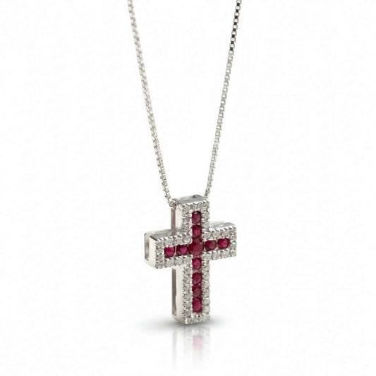 Collana Girocollo con Croce in Oro Bianco 18 Carati con Rubini e Diamanti - Davite e Delucchi Gioielli - Simmi Gioiellerie - Collane