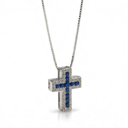 Collana Girocollo con Croce in Oro Bianco 18 Carati con Zaffiri e Diamanti - Davite e Delucchi Gioielli - Simmi Gioiellerie - Collane