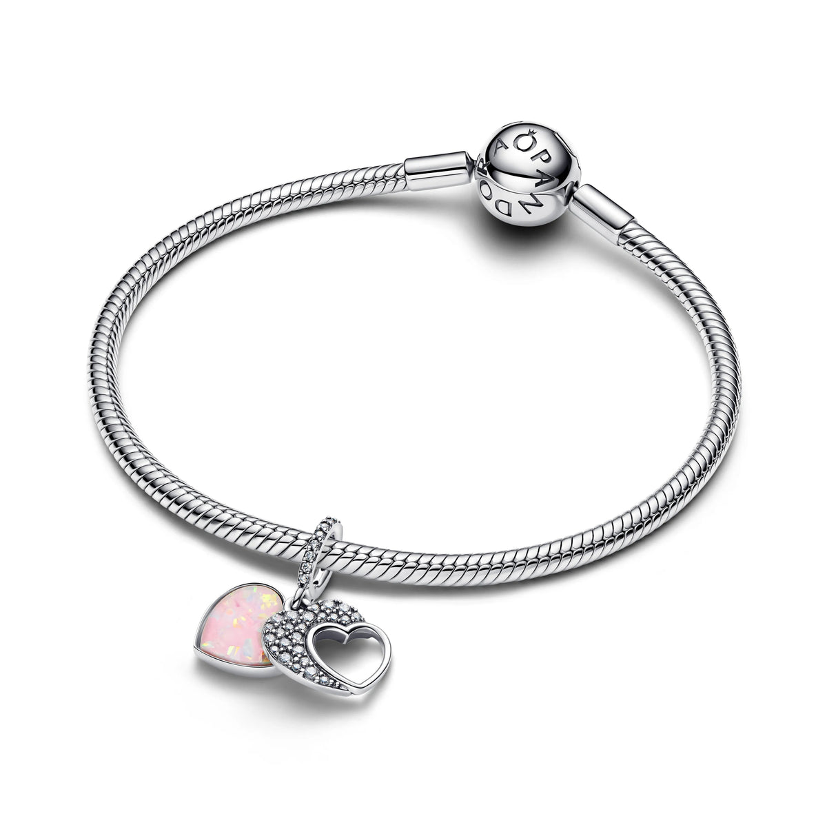 Doppio ciondolo pendente Cuore in argento sterling con zirconia cubica trasparente e opale rosa a mosaico creato in laboratorio e resina - 794456C01 - Simmi Gioiellerie -Charm