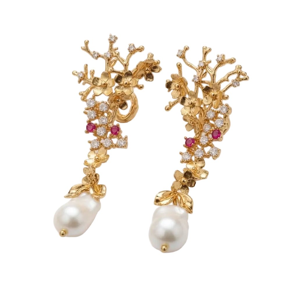 Orecchini Pendenti Floreali in Argento Dorato 925 con Perle Barocche Naturali - Simmi 925 - Simmi Gioiellerie -Orecchini