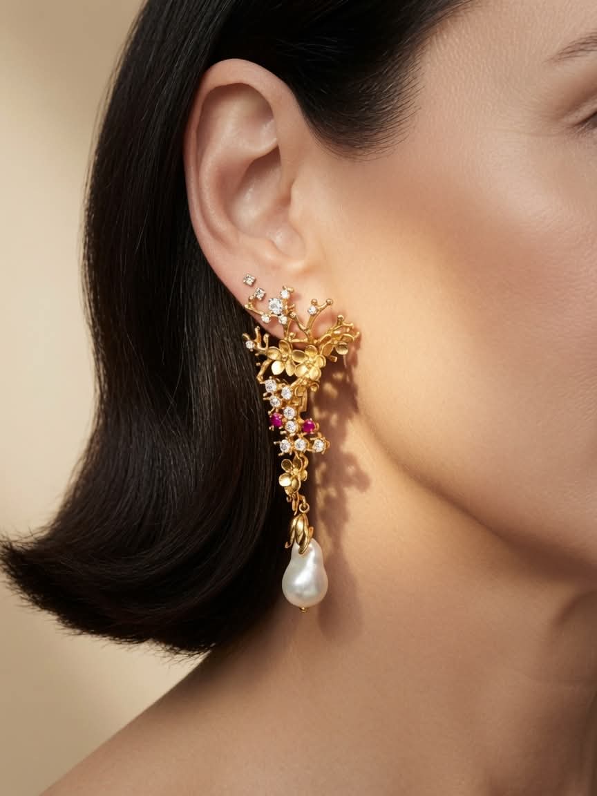 Orecchini Pendenti Floreali in Argento Dorato 925 con Perle Barocche Naturali - Simmi 925 - Simmi Gioiellerie -Orecchini