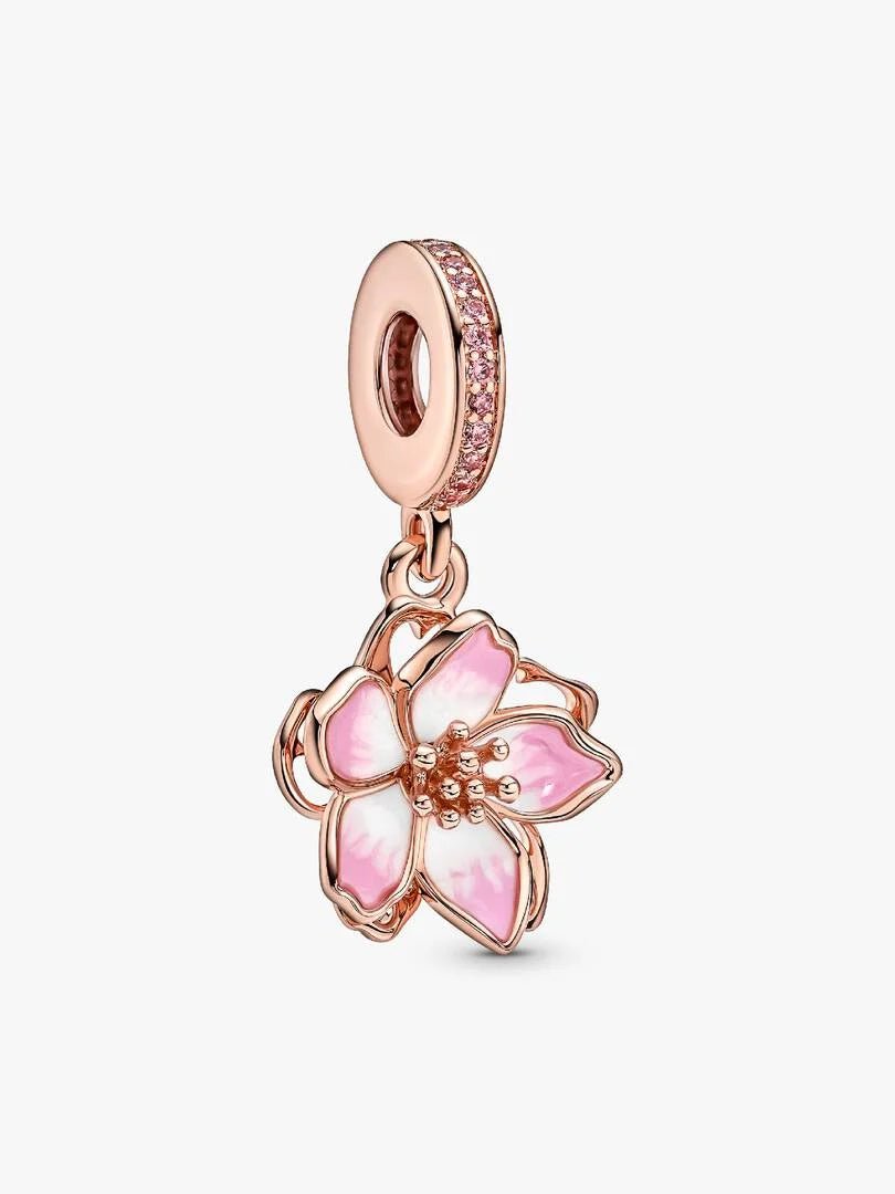 pendente con fiore di ciliegio mobile, placcato oro rosa 14k, con zirconia cubica rosa e smalto rosa e bianco sfumato - 780667C01 - Simmi Gioiellerie -Charm