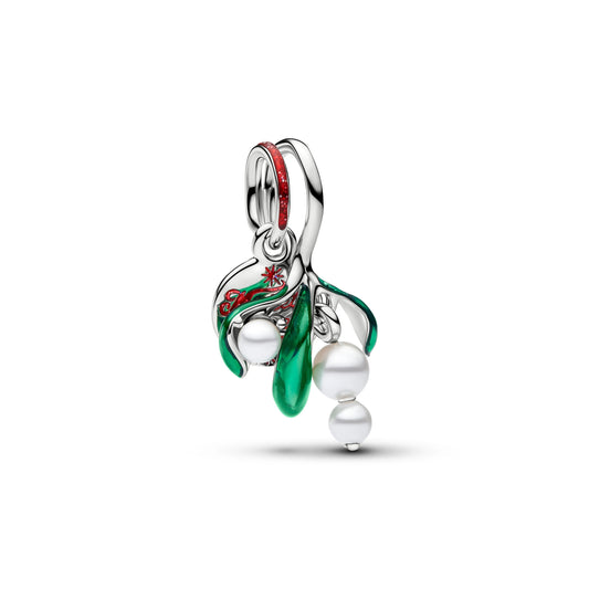 Vischio placcato platino doppio pendente con lacquerosso artificial pearl, smalto rosso e verde - 735066C01 - Simmi Gioiellerie -Charm