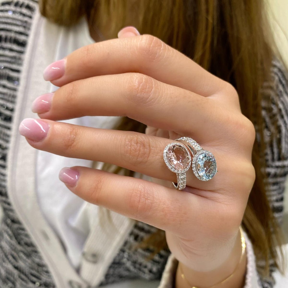 Anello contrariè con morganite e acquamarina - Simmi Gioiellerie -Anelli