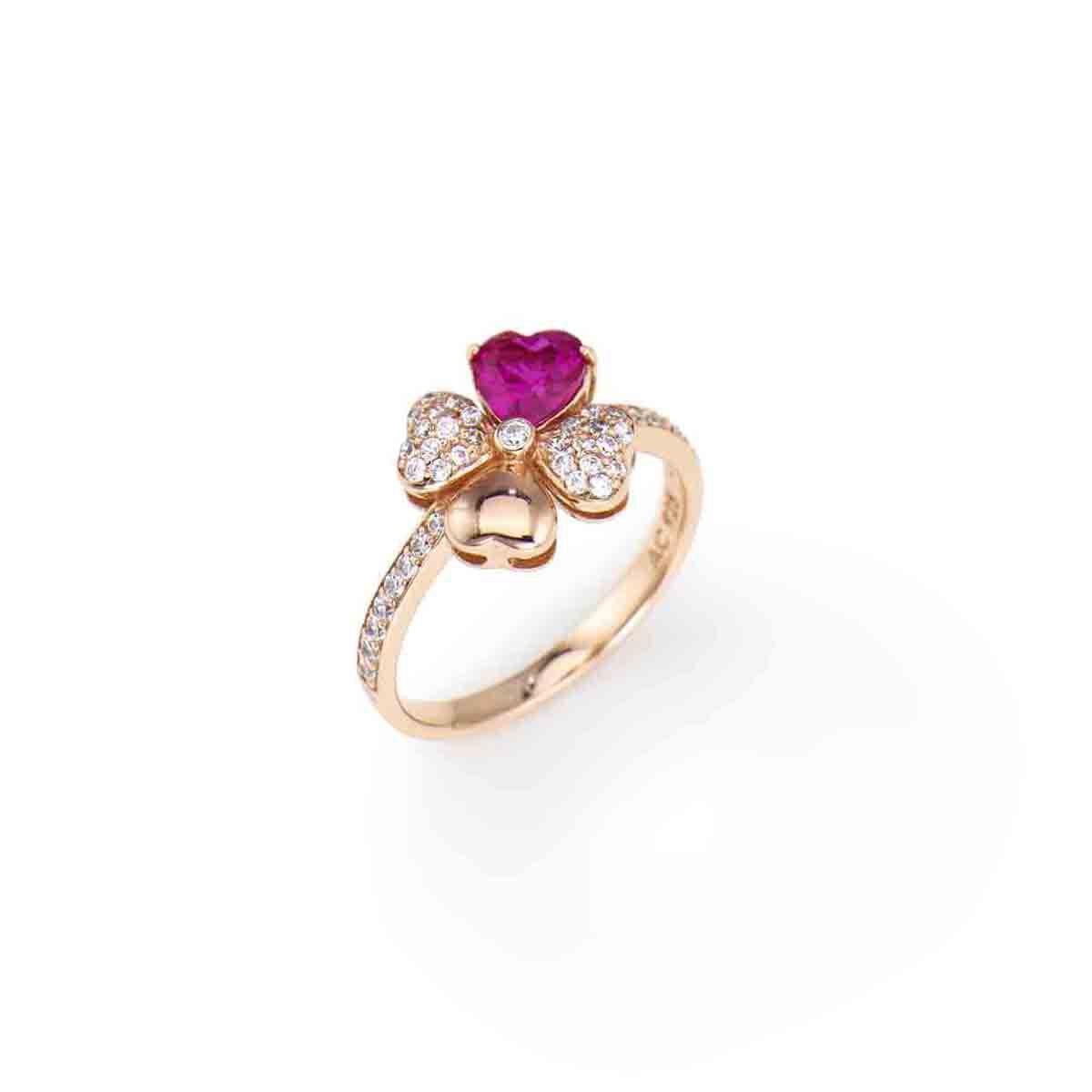 Anello Quadricuore Rosa e Zirconi Bianchi e Rubino - RQURR - Simmi gioiellerie -Anello