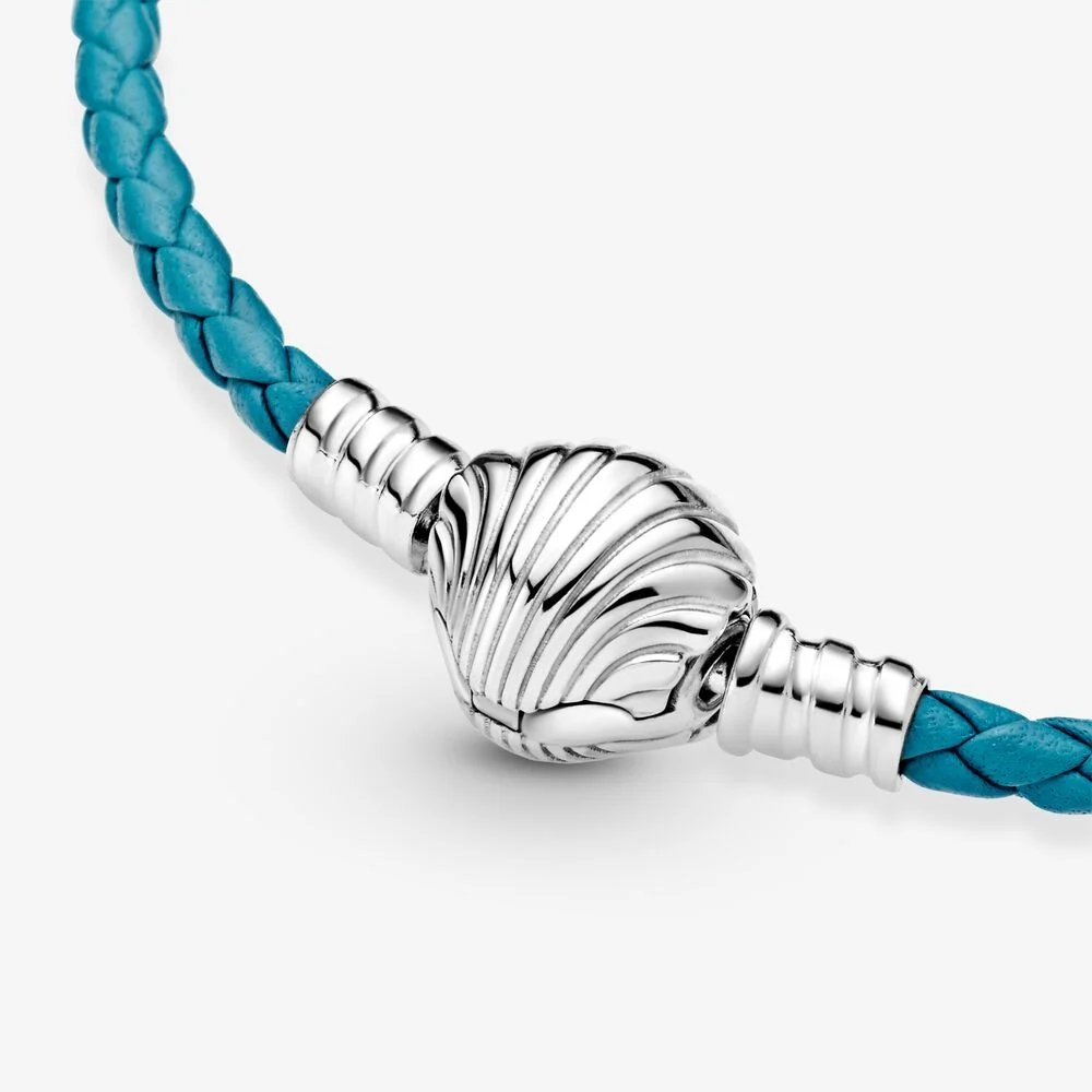 Bracciale Pandora Moments in pelle intrecciato turchese con chiusura a conchiglia - 598951C01-S - Simmi Gioiellerie -Bracciali